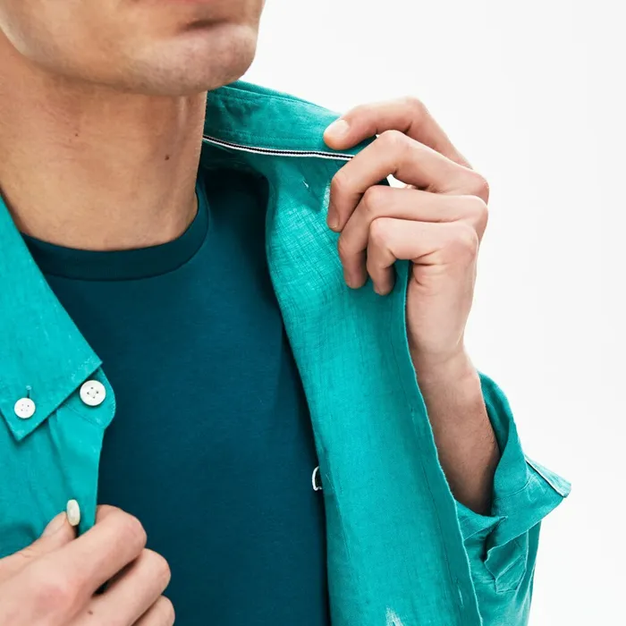 Regular Fit Linen Shirt Green Mens Lacoste Button Down Shirts Casaul