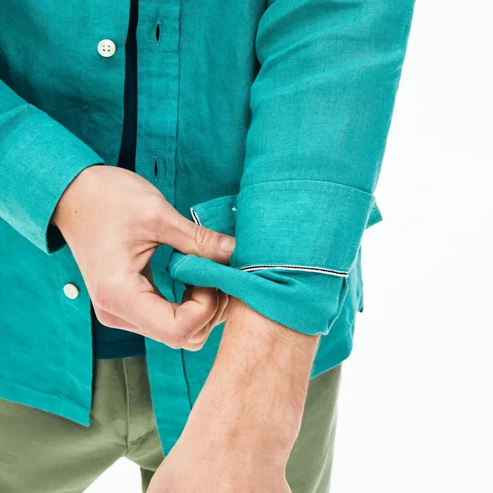 Regular Fit Linen Shirt Green Mens Lacoste Button Down Shirts Casaul