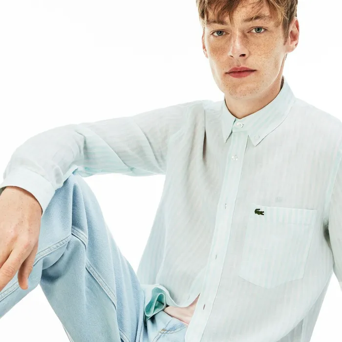 Regular Fit Linen Shirt Light Blue Mens Lacoste Button Down Shirts Outlet Factory