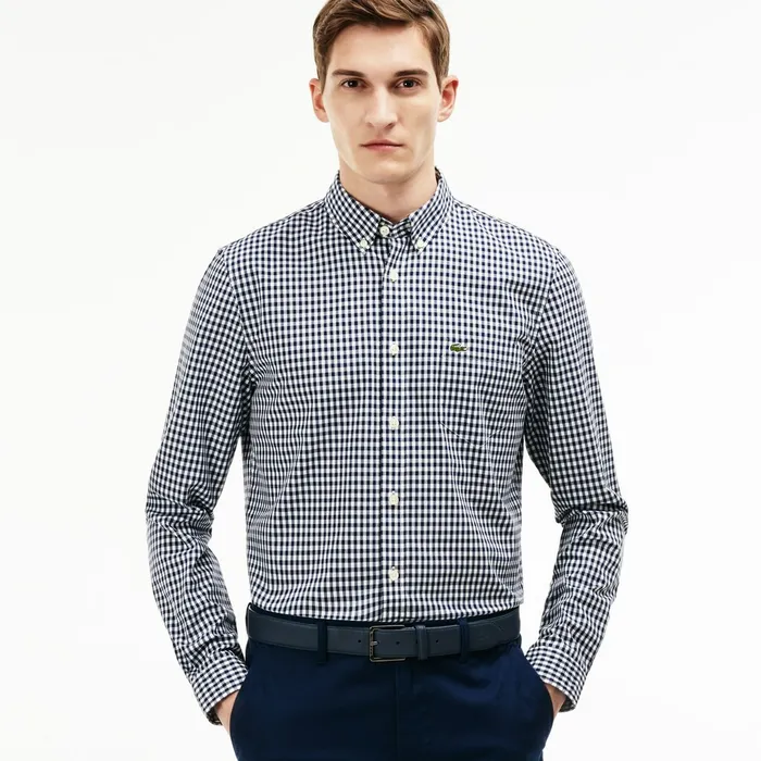 Regular Fit Mini Check Poplin Shirt Navy BlueWhite Mens Lacoste Button Down Shirts Near Me
