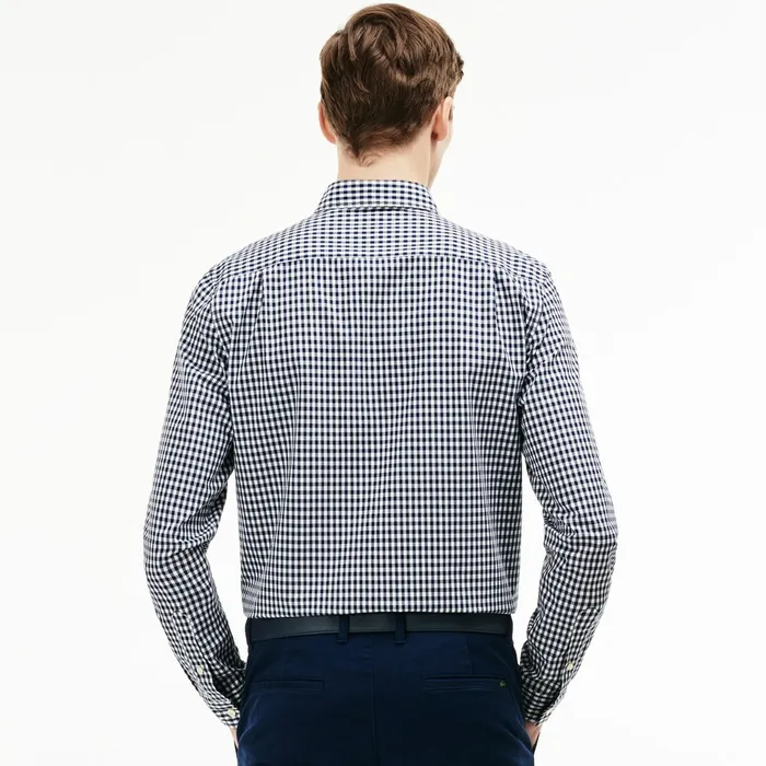 Regular Fit Mini Check Poplin Shirt Navy BlueWhite Mens Lacoste Button Down Shirts Near Me