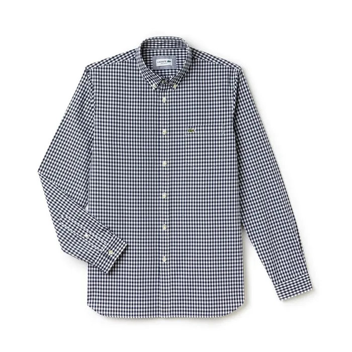 Regular Fit Mini Check Poplin Shirt Navy BlueWhite Mens Lacoste Button Down Shirts Near Me