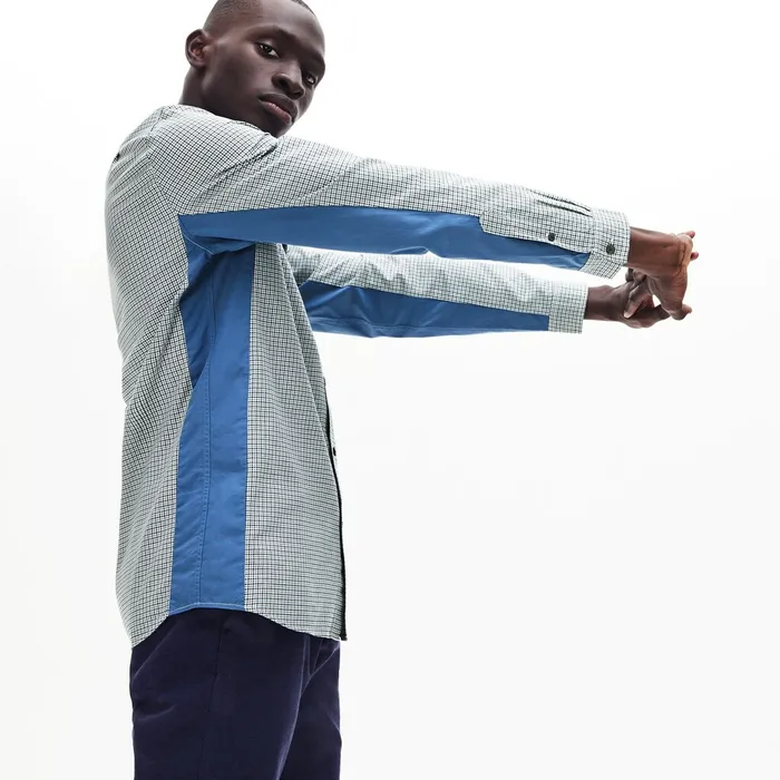 Regular Fit Paneled PrintBlocked Cotton Shirt BlueWhiteNavy Blue Mens Lacoste Button Down Shirts Gift Ideas