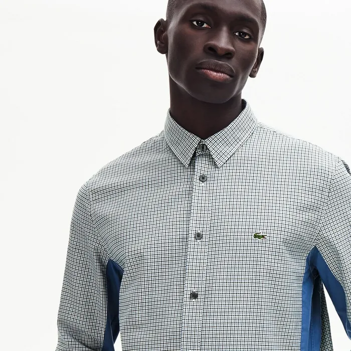 Regular Fit Paneled PrintBlocked Cotton Shirt BlueWhiteNavy Blue Mens Lacoste Button Down Shirts Gift Ideas