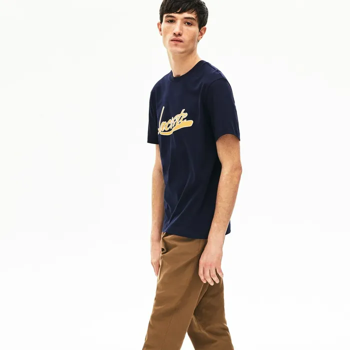 Regular Fit Script Crew Neck Cotton Tee Navy Blue Mens Lacoste TShirts Casaul