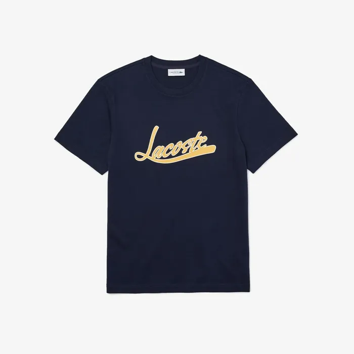 Regular Fit Script Crew Neck Cotton Tee Navy Blue Mens Lacoste TShirts Casaul