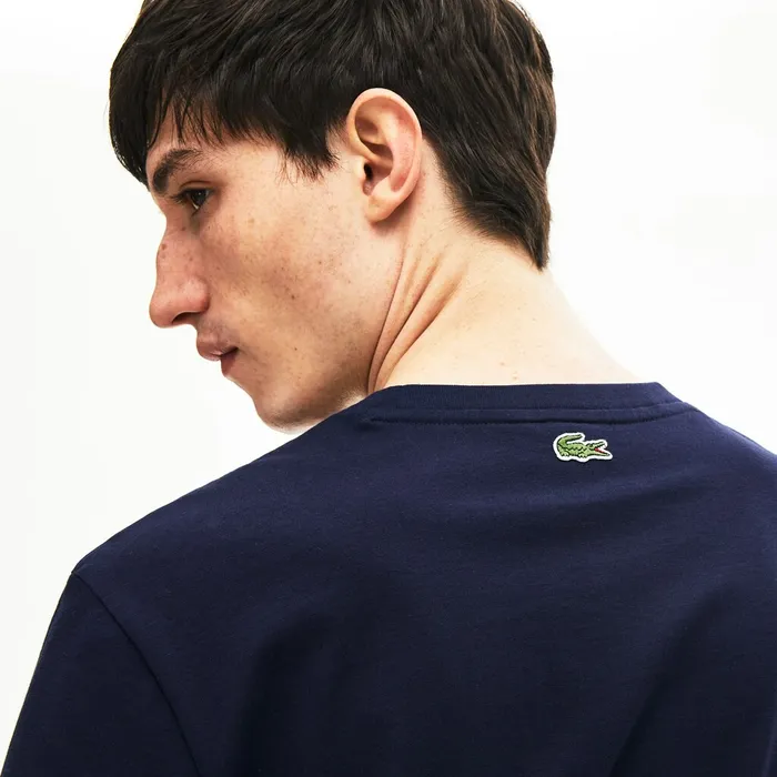 Regular Fit Script Crew Neck Cotton Tee Navy Blue Mens Lacoste TShirts Casaul