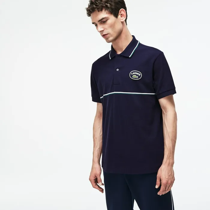 Regular Fit Striped Accents Petit Piqu Polo Navy BlueGreenWhite Mens Lacoste Polos Gift 4 You