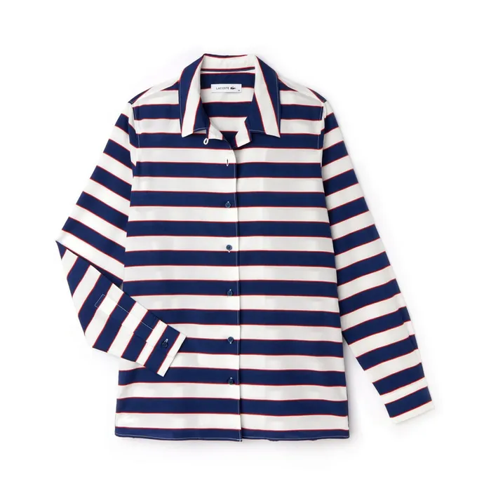 Regular Fit Striped Cotton and Silk Voile Shirt WhiteNavy BlueRed Womens Lacoste Shirts and Tops Shop Online