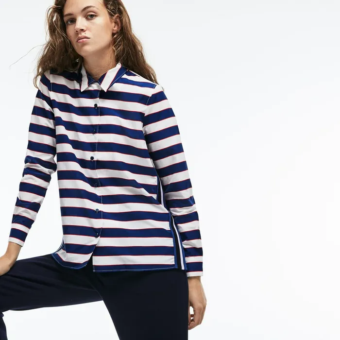 Regular Fit Striped Cotton and Silk Voile Shirt WhiteNavy BlueRed Womens Lacoste Shirts and Tops Shop Online