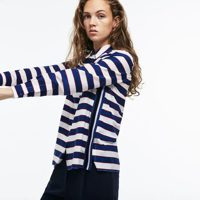 Regular Fit Striped Cotton and Silk Voile Shirt WhiteNavy BlueRed Womens Lacoste Shirts and Tops Shop Online