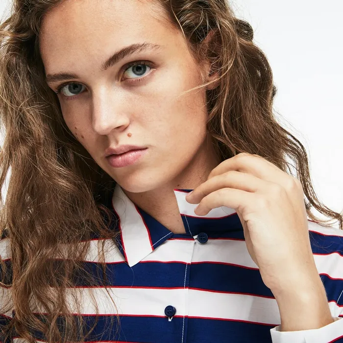 Regular Fit Striped Cotton and Silk Voile Shirt WhiteNavy BlueRed Womens Lacoste Shirts and Tops Shop Online