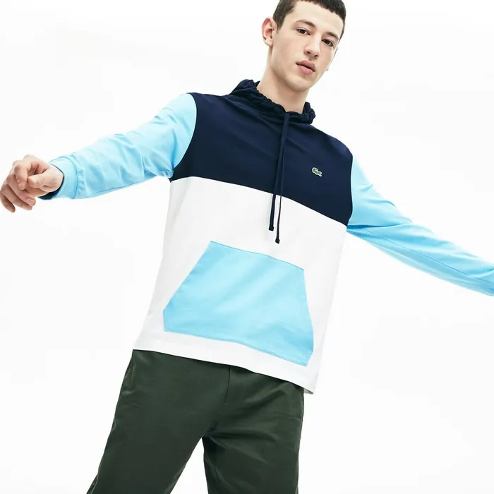 Relaxed Fit Colorblock Hooded Tshirt WhiteNavy BlueLight Blue Mens Lacoste TShirts Online Outlet Store