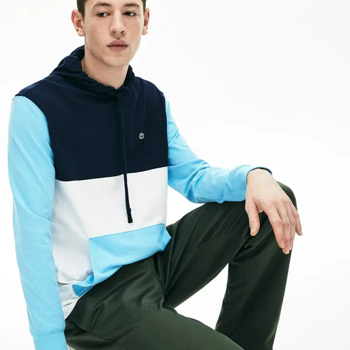 Relaxed Fit Colorblock Hooded Tshirt WhiteNavy BlueLight Blue Mens Lacoste TShirts Online Outlet Store