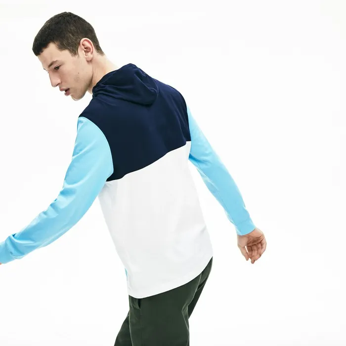 Relaxed Fit Colorblock Hooded Tshirt WhiteNavy BlueLight Blue Mens Lacoste TShirts Online Outlet Store