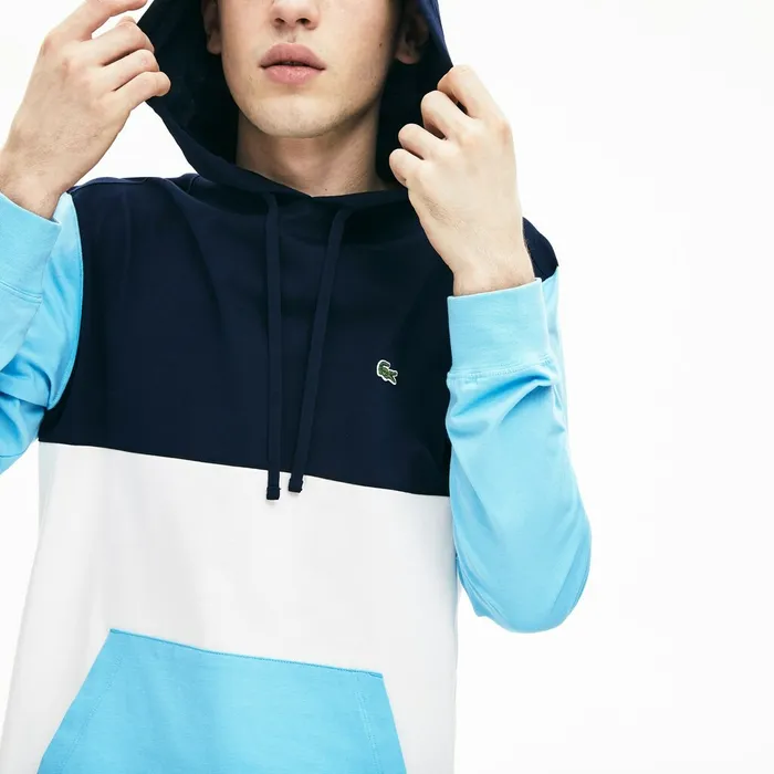 Relaxed Fit Colorblock Hooded Tshirt WhiteNavy BlueLight Blue Mens Lacoste TShirts Online Outlet Store
