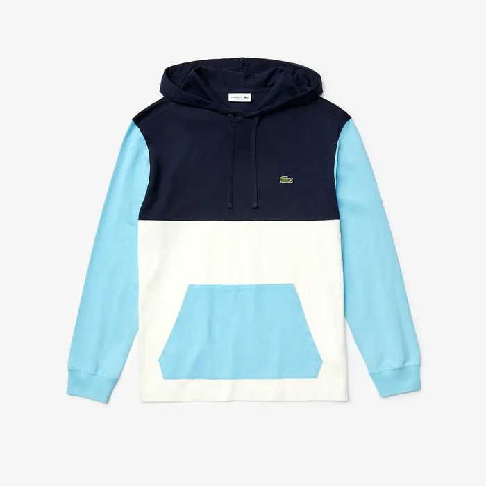 Relaxed Fit Colorblock Hooded Tshirt WhiteNavy BlueLight Blue Mens Lacoste TShirts Online Outlet Store