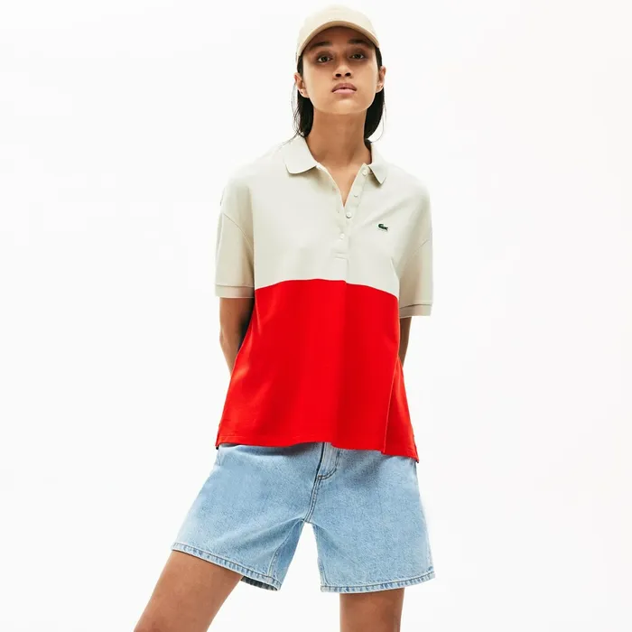 RelaxedFit Lightweight ColorBlock Piqu Polo RedBeigeNavy Blue Womens Lacoste Polos Outlet