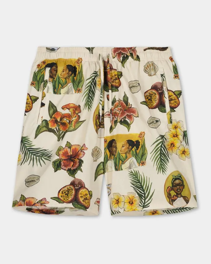 Resort Short Parrot Print White Men Filling Pieces Pants and Shorts