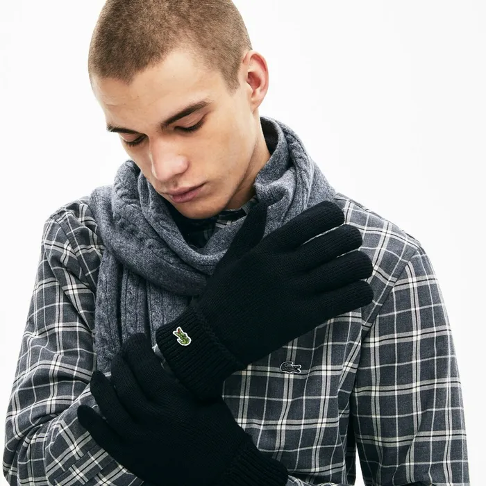 Ribbed Wool Gloves Black Mens Lacoste Gloves Casaul