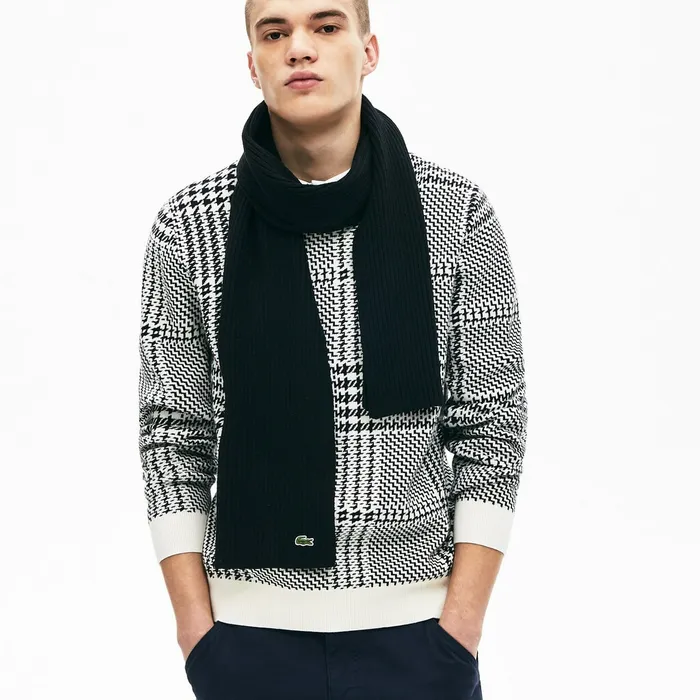 Ribbed Wool Scarf Black Mens Lacoste Scarves On Sale