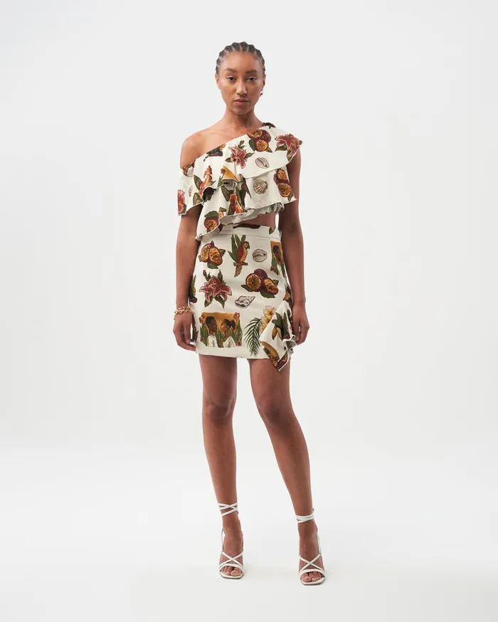 Ruffle Skirt Parrot Print White Women Filling Pieces Pants and Shorts