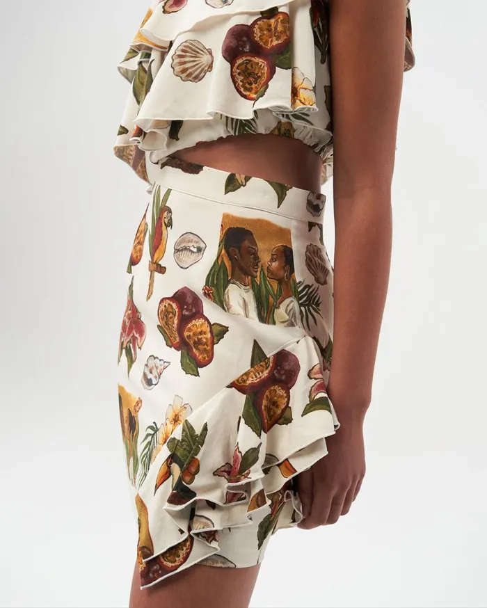 Ruffle Skirt Parrot Print White Women Filling Pieces Pants and Shorts