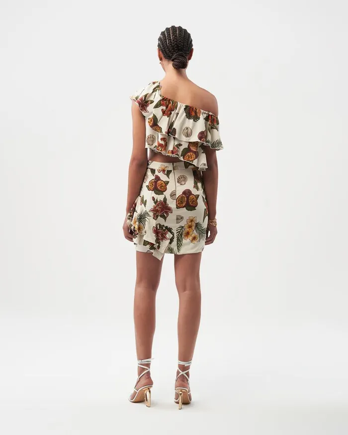 Ruffle Skirt Parrot Print White Women Filling Pieces Pants and Shorts