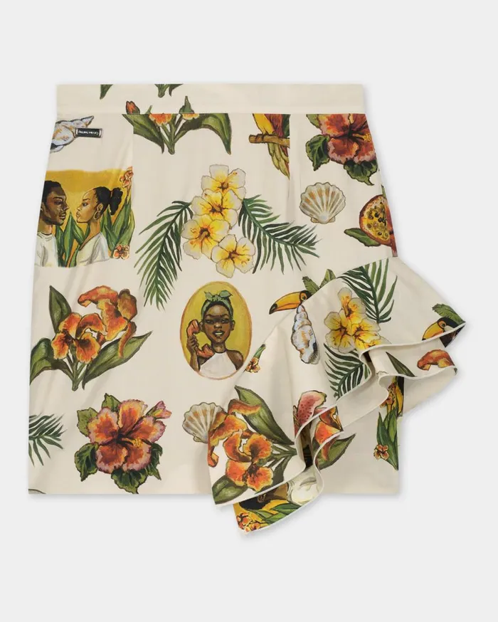 Ruffle Skirt Parrot Print White Women Filling Pieces Pants and Shorts
