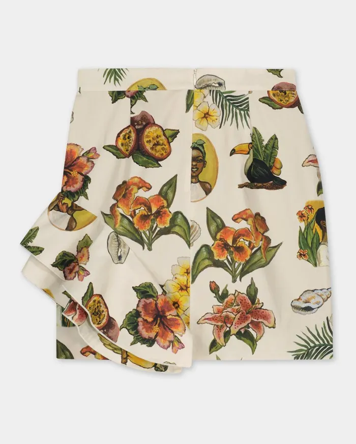 Ruffle Skirt Parrot Print White Women Filling Pieces Pants and Shorts