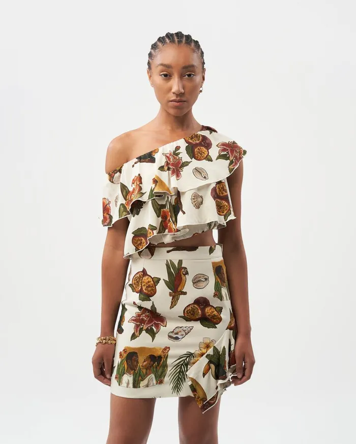 Ruffle Top Parrot Print White Women Filling Pieces TShirts and Shirts