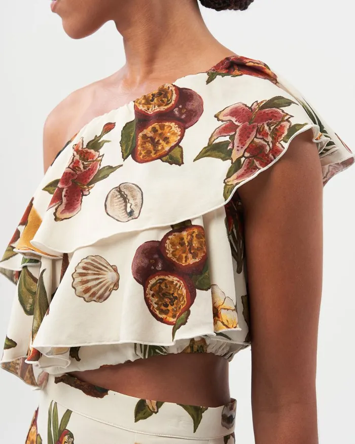 Ruffle Top Parrot Print White Women Filling Pieces TShirts and Shirts