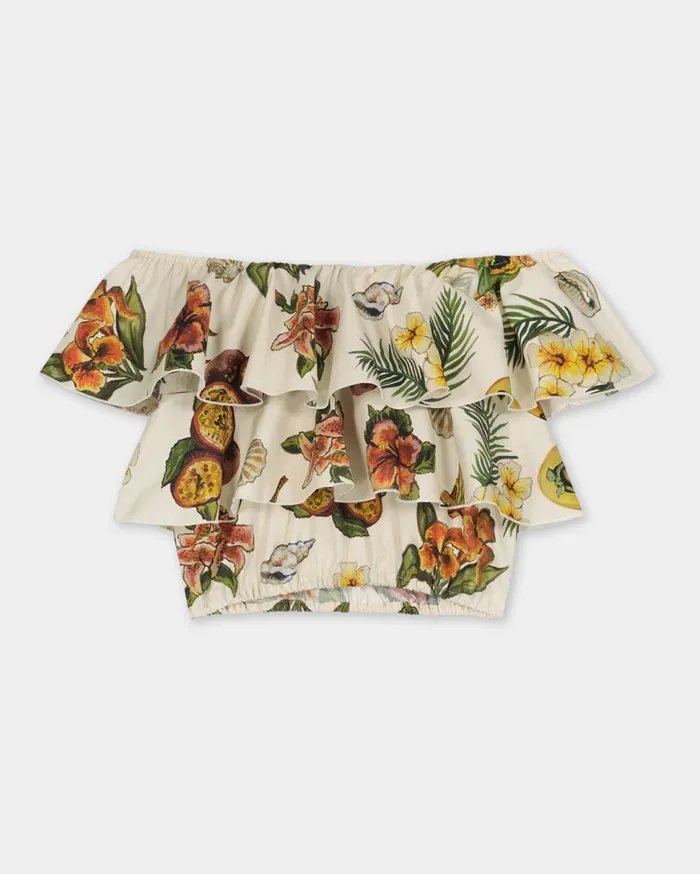 Ruffle Top Parrot Print White Women Filling Pieces TShirts and Shirts