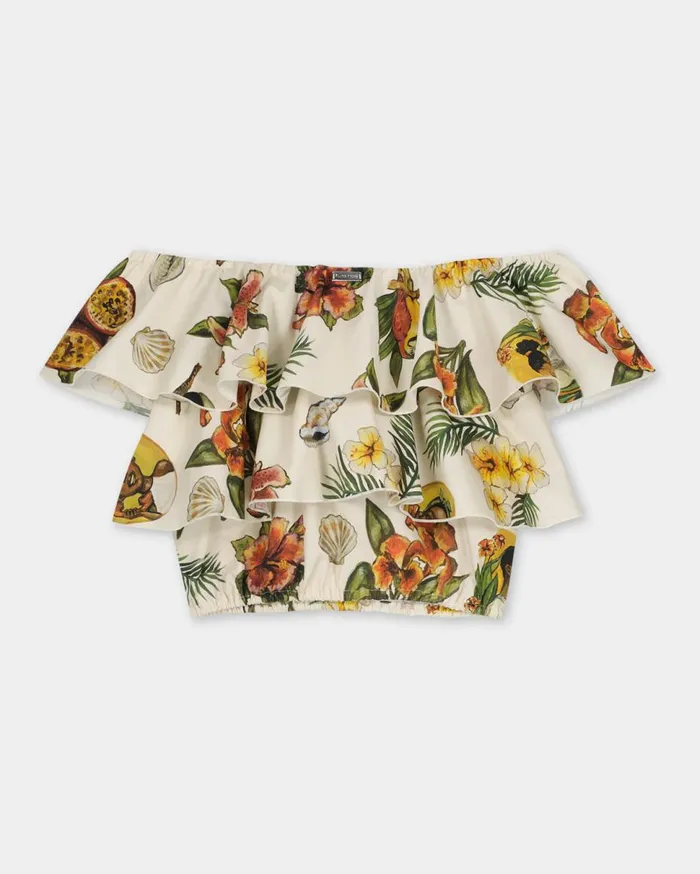 Ruffle Top Parrot Print White Women Filling Pieces TShirts and Shirts