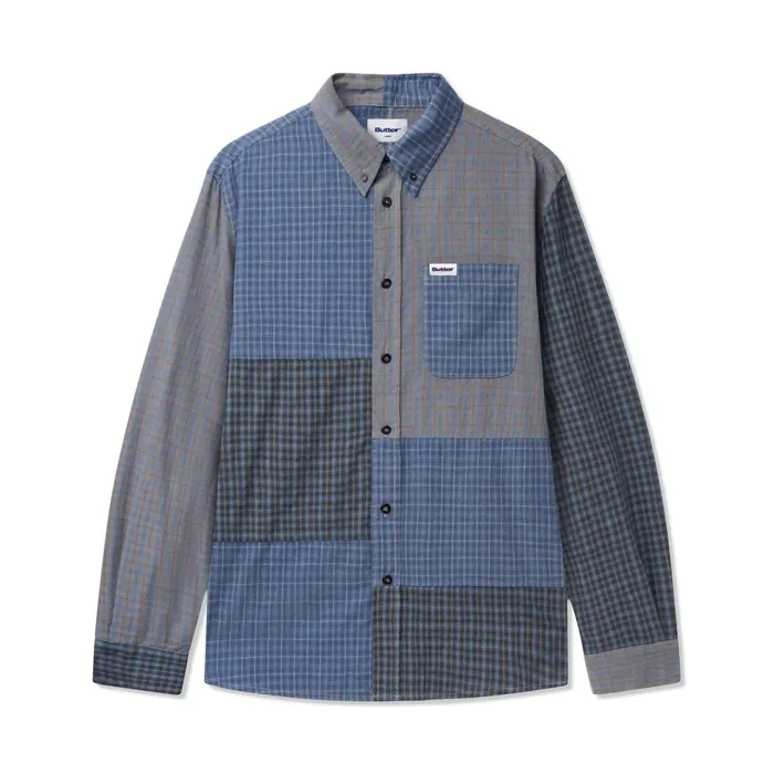 Shirts Men Butter Goods Patchwork Plaid LS Shirt Overdye Navy