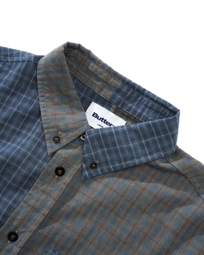 Shirts Men Butter Goods Patchwork Plaid LS Shirt Overdye Navy Shirts Men Butter Goods Patchwork Plaid LS Shirt Overdye Navy