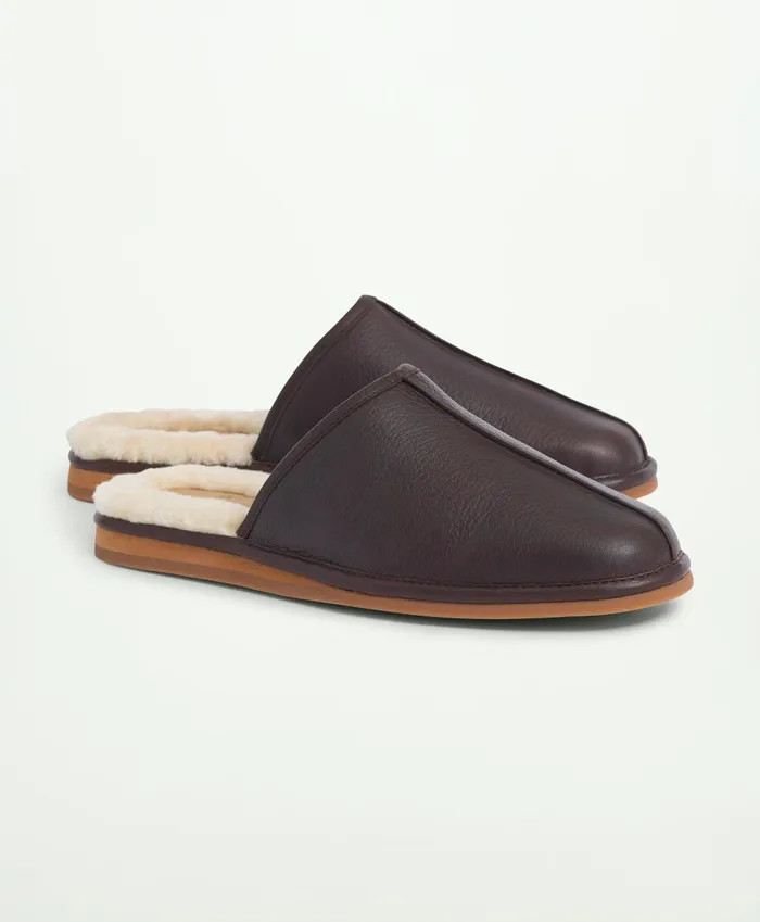 Shoes Men Brooks Brothers Vail Shearling Scuff Slipper Dark Brown
