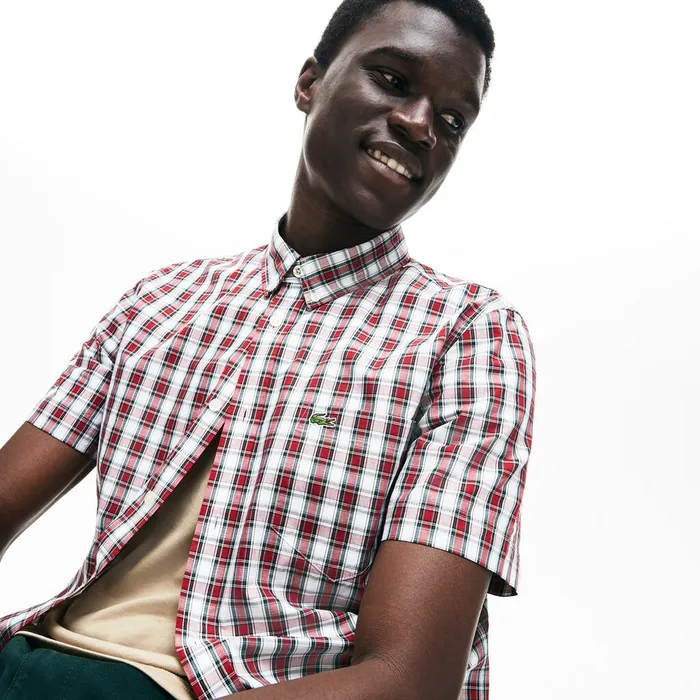 Short Sleeve Plaid Poplin Shirt WhiteBordeaux Mens Lacoste Button Down Shirts For Sale