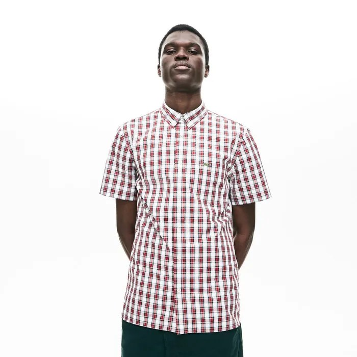 Short Sleeve Plaid Poplin Shirt WhiteBordeaux Mens Lacoste Button Down Shirts For Sale