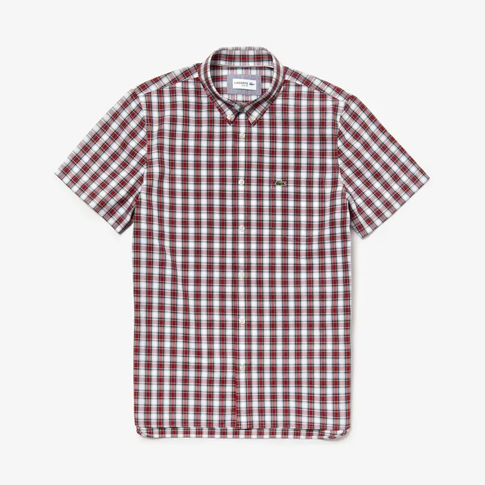 Short Sleeve Plaid Poplin Shirt WhiteBordeaux Mens Lacoste Button Down Shirts For Sale