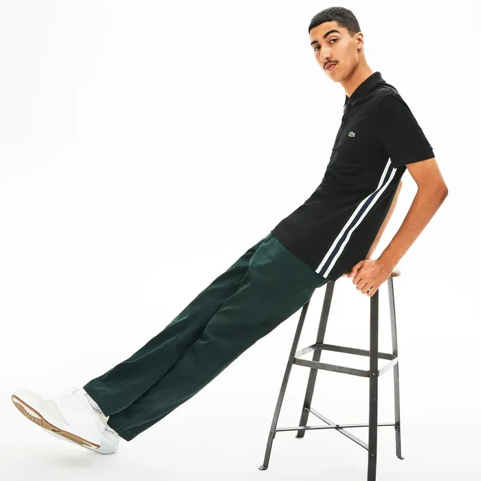 Short Sleeve Side Stripe Pique Polo Black Mens Lacoste Polos For Sale Online