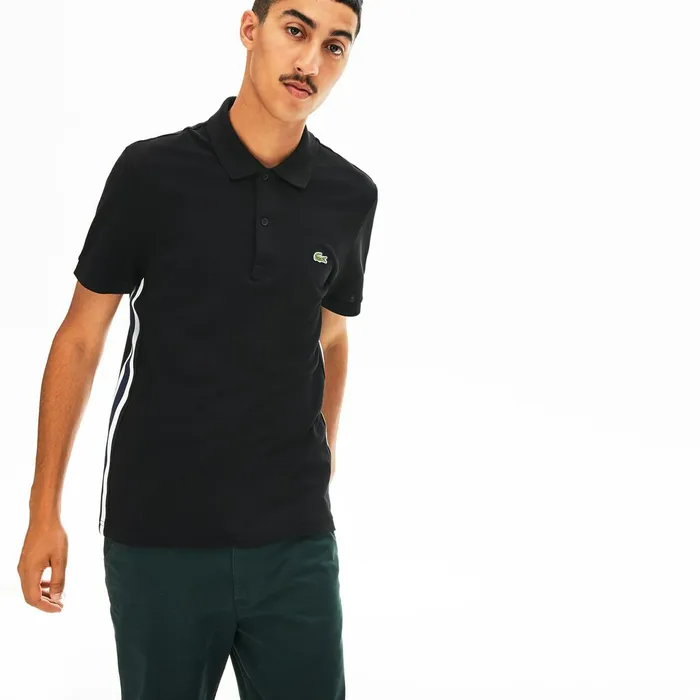 Short Sleeve Side Stripe Pique Polo Black Mens Lacoste Polos For Sale Online
