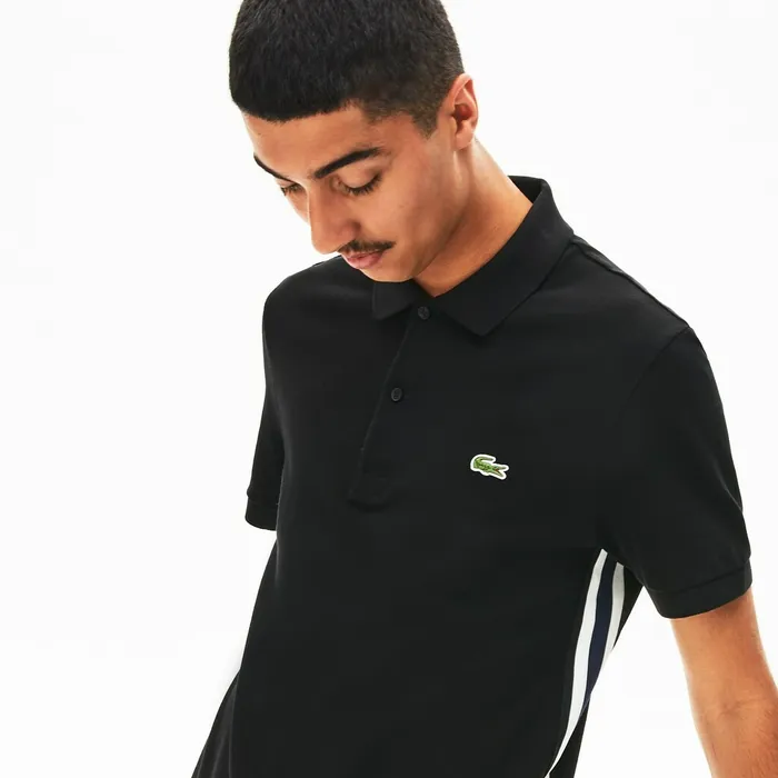 Short Sleeve Side Stripe Pique Polo Black Mens Lacoste Polos For Sale Online