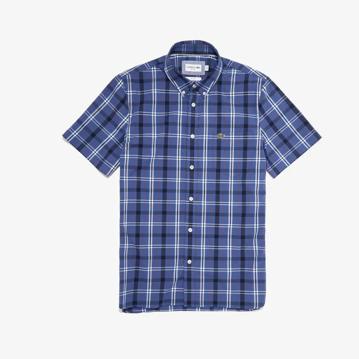 Short Sleeve Stretch Plaid Poplin Shirt BlueNavy BlueBordeaux Mens Lacoste Button Down Shirts Outlet Factory