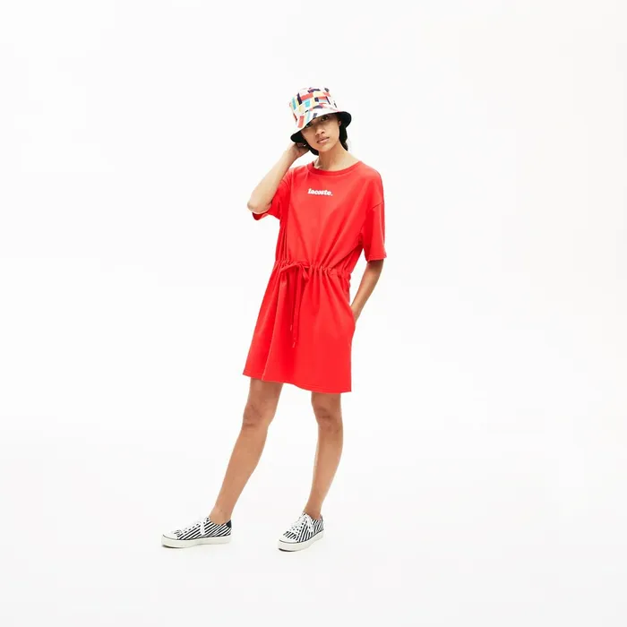 Signature Cotton Fleece Tshirt Dress Red Womens Lacoste Dresses and Skirts Gift for Friend