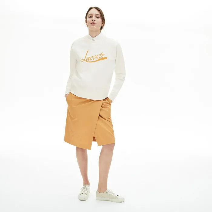 Signature Print Crew Neck Sweatshirt WhiteLight Brown Womens Lacoste Sweaters and Sweatshirts Cheap On Sale