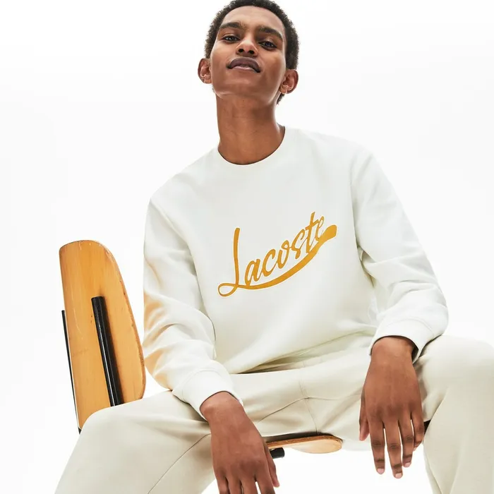 Signature Print Crew Neck Sweatshirt White Mens Lacoste Sweatshirts For Sale
