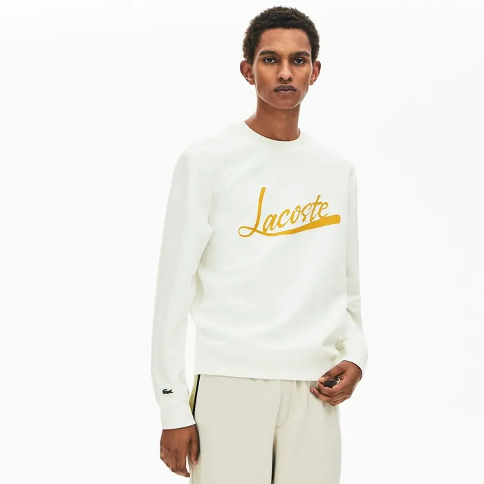 Signature Print Crew Neck Sweatshirt White Mens Lacoste Sweatshirts For Sale