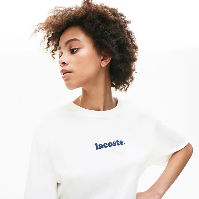 Signature Printed Crew Neck Cotton Tshirt WhiteNavy Blue Womens Lacoste TShirts Gift 4 You