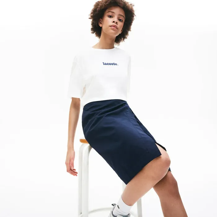 Signature Printed Crew Neck Cotton Tshirt WhiteNavy Blue Womens Lacoste TShirts Gift 4 You